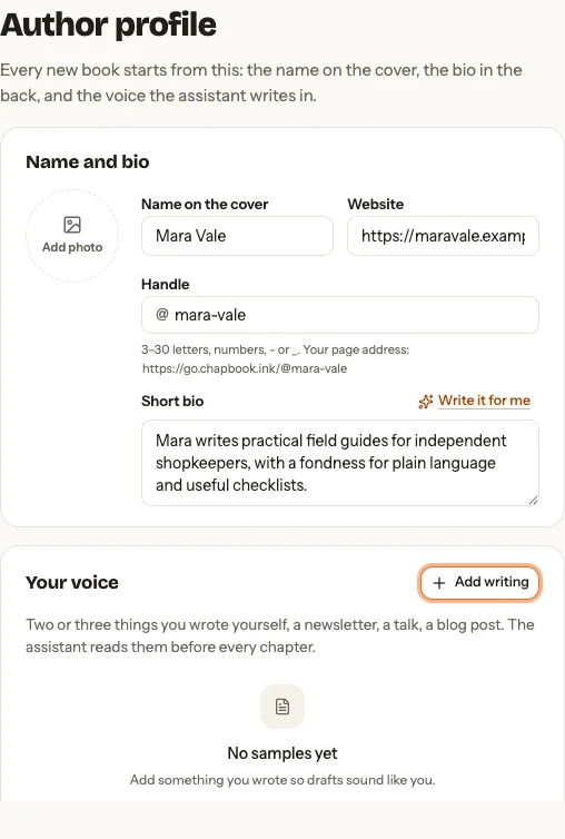 Author profile fields filled with a fictional pen name, website, handle, and short biography.