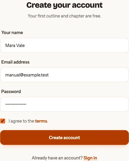 Chapbook account form with fields for name, email, password, and agreement to the terms.