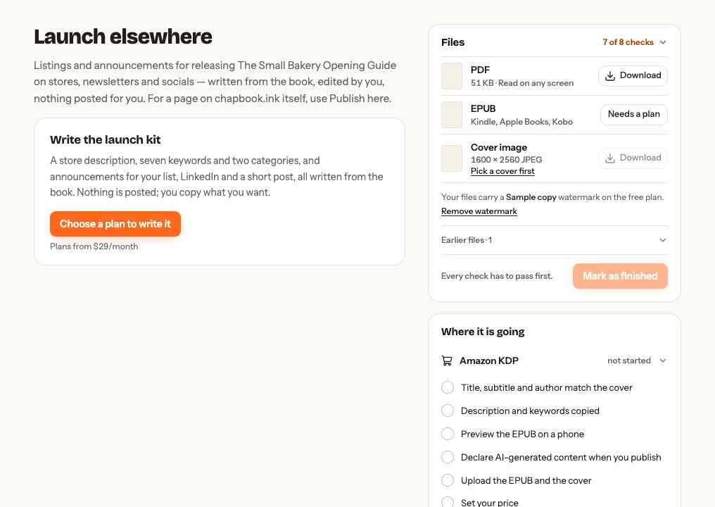 Launch elsewhere page with PDF, EPUB, and cover files beside an expanded Amazon KDP checklist.
