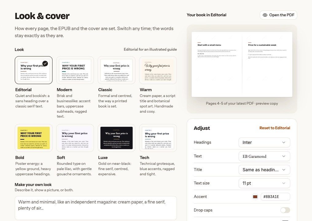 Look and cover page showing eight interior presets, custom-look controls, cover actions, and typography adjustments.
