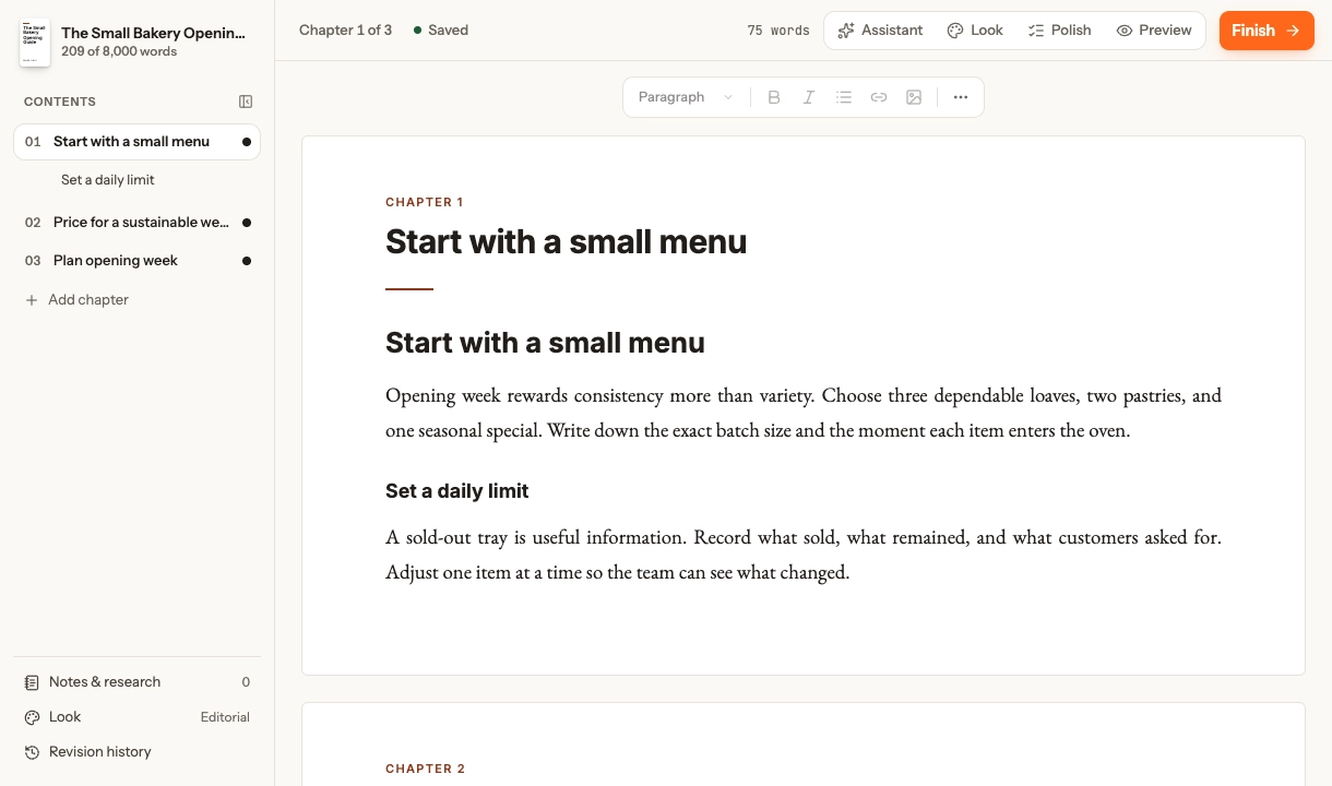 Manuscript workspace with chapter contents on the left, formatted chapters in the centre, and writing controls above.