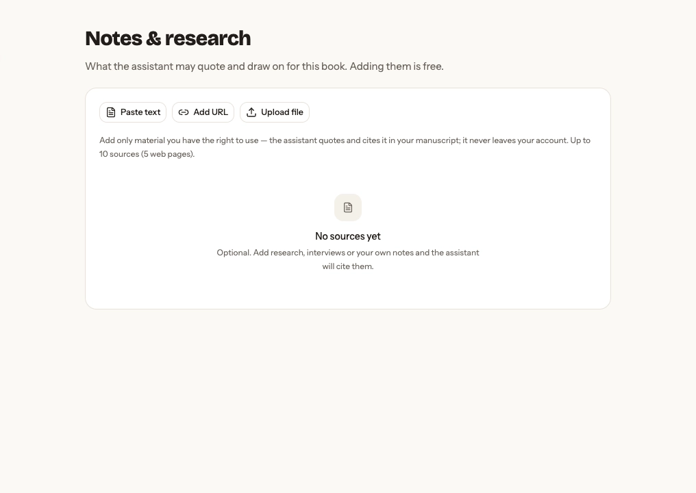 Empty Notes and research page with actions to paste text, add a URL, or upload a file.