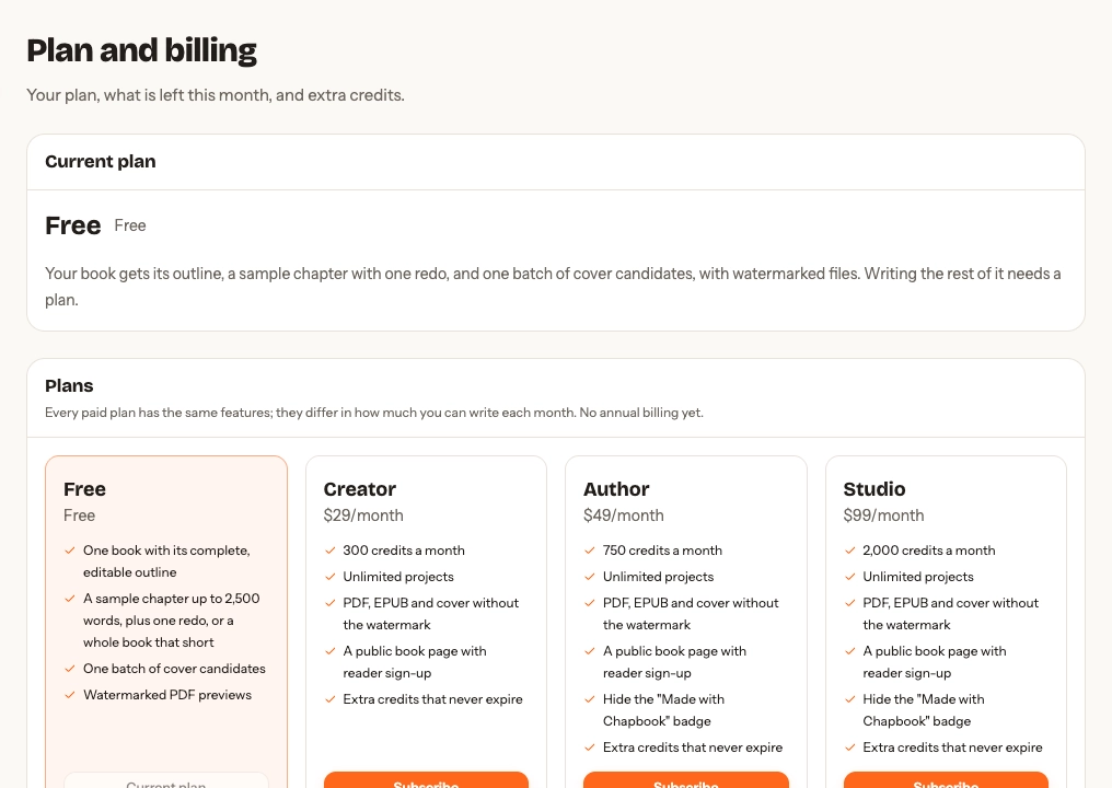 Billing page for a free account with current-plan details and the available paid plans.