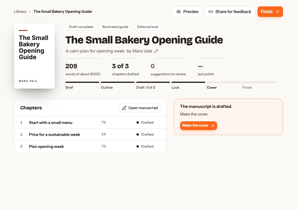 Book Overview with the Share for feedback button beside Preview and Finish.