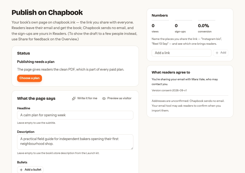 Publish on Chapbook settings for page copy, address, search visibility, visitor preview, and reader consent.