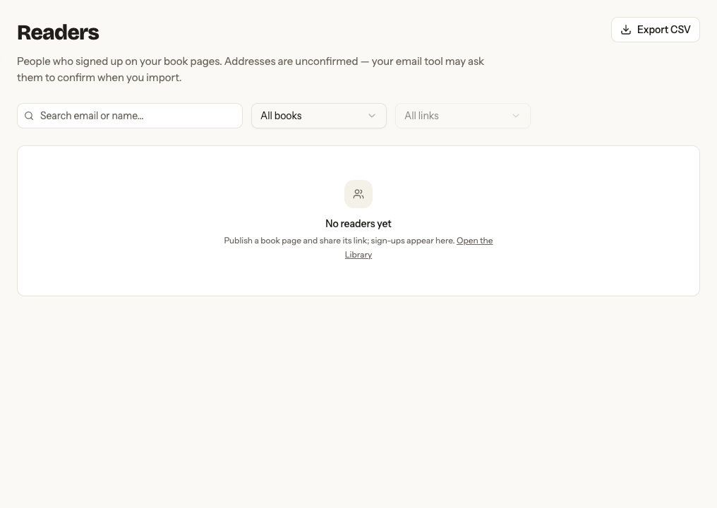 Empty Readers page with search, book and link filters, and an Export CSV action.