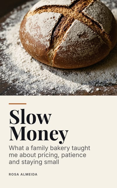 Cover of Slow Money by Rosa Almeida: a scored round sourdough loaf on flour in warm low light above dark type on cream, subtitle “What a family bakery taught me about pricing, patience and staying small”.