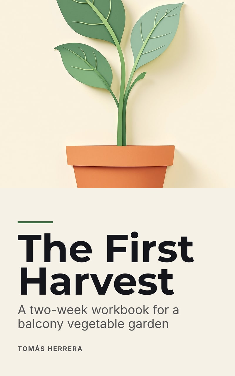 Cover of The First Harvest by Tomás Herrera: a paper-cut seedling with two broad leaves in a terracotta pot on cream, above dark type, subtitle “A two-week workbook for a balcony vegetable garden”.