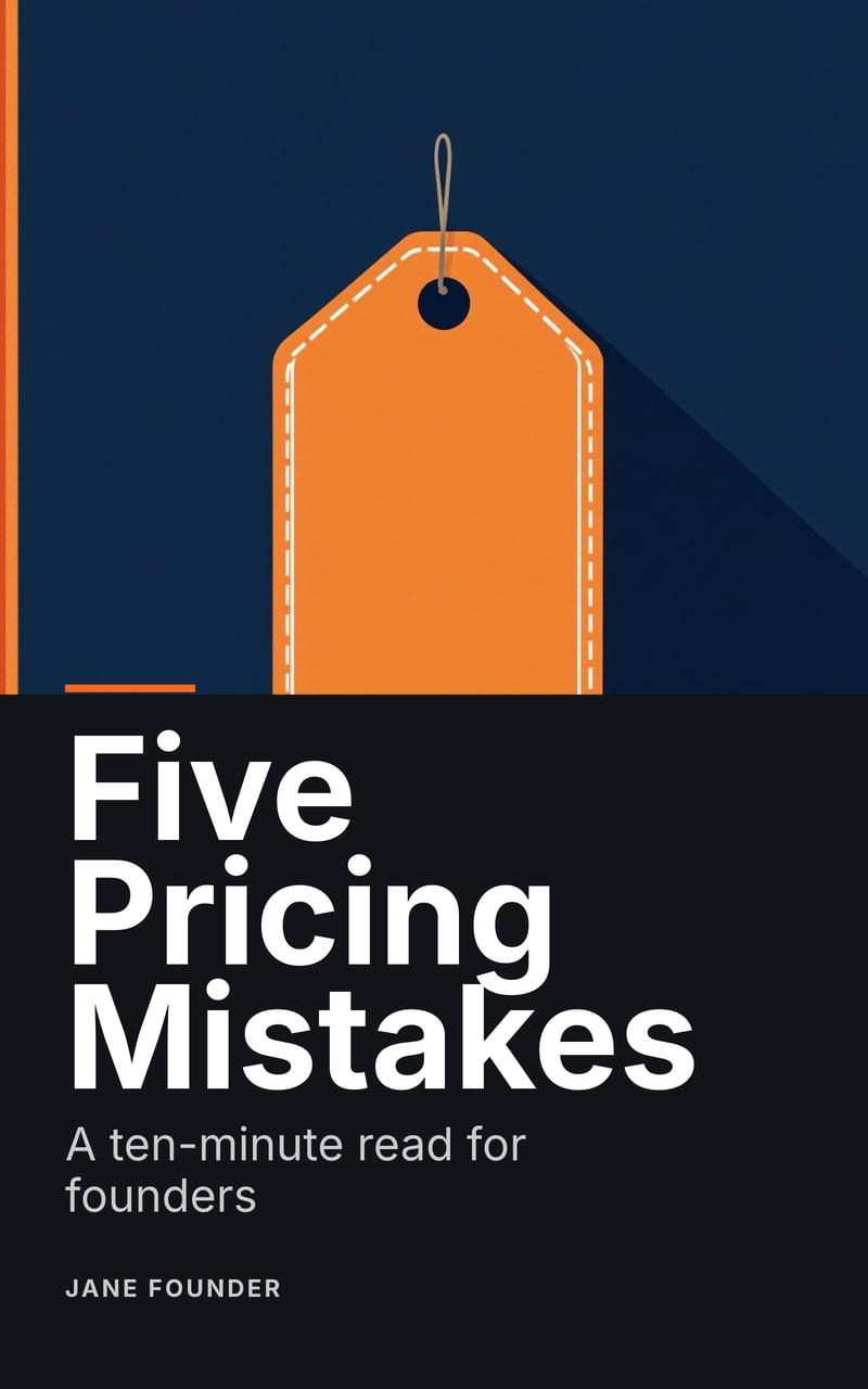 Cover of Five Pricing Mistakes by Jane Founder: a flat orange price tag on deep navy above white type, subtitle “A ten-minute read for founders”.