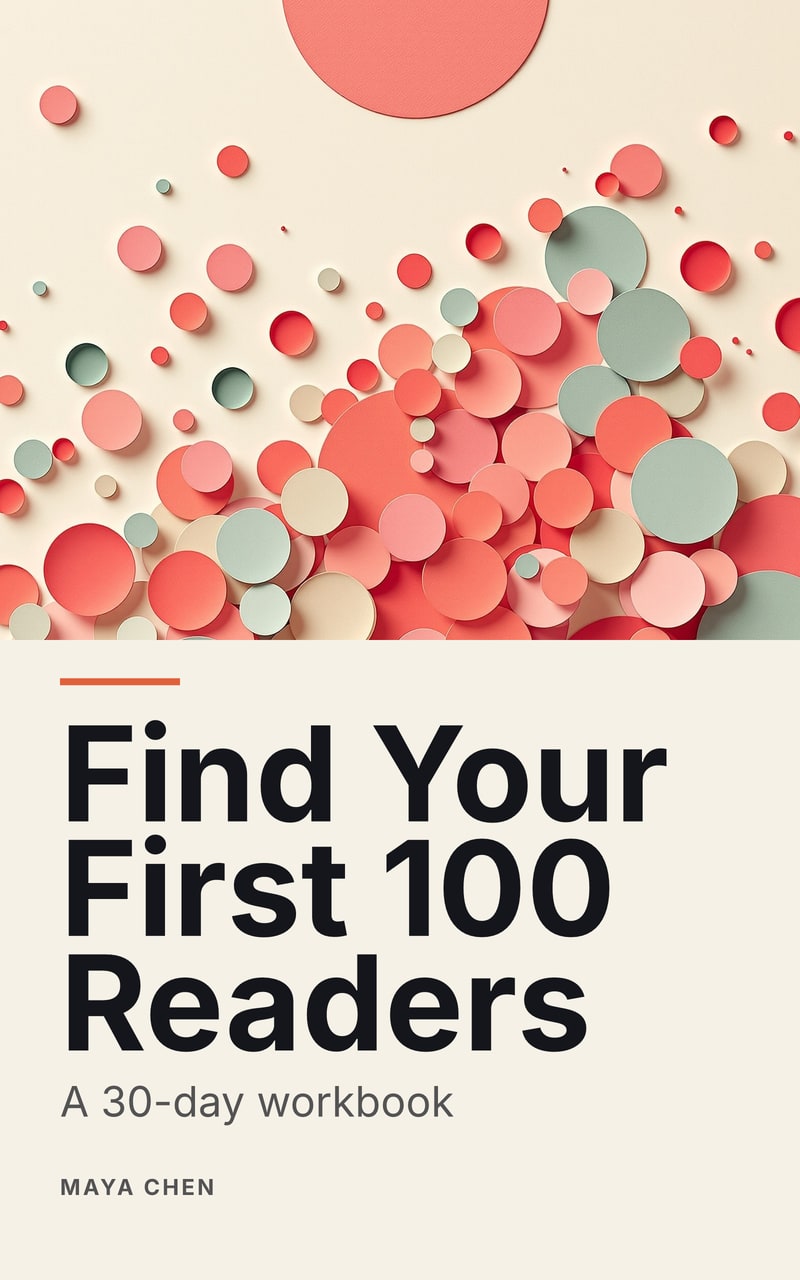 Cover of Find Your First 100 Readers by Maya Chen: layered paper-cut shapes in coral, sage and peach on cream, subtitle “A 30-day workbook”.